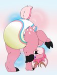 ambiguous_gender anthro antlers bodily_fluids brown_antlers cheek_tuft clothed clothing collar diaper eyelashes eyes_closed facial_tuft fur genital_fluids hair handstand hoof_hands hooves horn lgbt_pride looking_at_viewer one_eye_closed pink_body pink_eyes pink_fur pink_hair pink_spots pride_colors simple_background solo spots tongue transgender_pride_colors tuft unclean_diaper urine used_diaper wearing_diaper wet_diaper wink winking_at_viewer young fennecat deer mammal absurd_res hi_res watermark