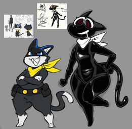 anthro belt black_body black_fur blue_eyes bodily_fluids bodysuit clothed_breasts clothing crossed_arms crotch_tuft drooling duo eyelashes featureless_crotch female fur grey_background hand_on_hip kerchief latex male mask multicolored_body multicolored_fur neckerchief neckwear red_eyes saliva simple_background skinsuit spiral spiral_eyes tight_clothing toothy_grin tuft two_tone_body two_tone_fur utility_belt wearing_mask white_body white_fur wide_hips xingscourge atlus megami_tensei persona_(series) persona_5 sega beta_morgana_(persona) morgana_(persona) domestic_cat felid feline felis mammal hi_res