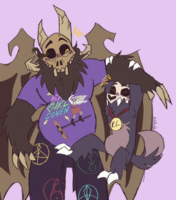 2_horns 2_toes 3_fingers 4_horns anthro belly blush bone bottomwear clothing collar duo eyes_closed feet fingers fluffy fur grey_body grey_fur horn looking_at_another male multi_horn pants print_clothing print_shirt print_t-shirt print_topwear purple_background purple_clothing purple_shirt purple_t-shirt purple_topwear shirt simple_background skull skull_head t-shirt toes topwear wings yellow_eyes billobumbbo disney the_owl_house eda_clawthorne king_clawthorne papa_titan_(the_owl_house) titan_(the_owl_house) hi_res father_(lore) father_and_child_(lore) father_and_son_(lore) nonbinary_(lore) parent_(lore) parent_and_child_(lore) parent_and_son_(lore) son_(lore)