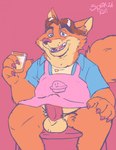 anthro apron balls clothing erection genitals male open_mouth orange_body penis shirt sitting slightly_chubby smile solo topwear spectral-bat disney zootopia gideon_grey canid canine fox mammal 2024 hi_res