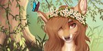 anthro blue_wings breasts brown_eyes brown_hair brown_nose countershading day detailed_background duo eyebrows eyelashes female feral floral flower flower_crown flower_garland fur garland hair inner_ear_fluff long_hair looking_aside on_ear outside pink_inner_ear plant smile solo tan_body tan_fur tan_inner_ear_fluff tree tuft vines white_body white_fur wings kyotoleopard eri_(feral.) ambient_arthropod arthropod blue_morpho butterfly deer insect lepidopteran mammal 2021 digital_media_(artwork) hi_res shaded widescreen