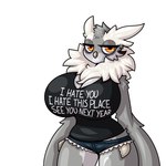 anthro big_breasts bottomwear breasts cleavage clothed clothing countershading female hotpants huge_breasts looking_at_viewer neck_tuft shirt shorts solo text text_on_clothing topwear tuft wide_hips limebreaker shammy avian bird owl 1:1 2019 source_request trans_(lore) trans_woman_(lore)