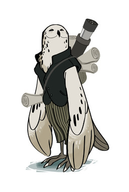 ambiguous_gender anthro bag beak black_eyes bottomwear clothing feather_hands feather_markings feathers feet looking_up markings pants scroll shadow simple_background solo standing straps talons telescope toes topwear vest white_background white_body white_feathers winged_arms wings bradbradleyart avian bird horned_owl owl snowy_owl true_owl 2016 absurd_res digital_media_(artwork) hi_res