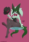 anthro blep bow_tie breasts clothing cuff_links female garter_belt garter_straps hat headgear headwear leggings legwear leotard pawpads sitting solo thick_thighs tongue tongue_out top_hat wide_hips hidden-cat nintendo pokemon felid feline generation_9_pokemon humanoid mammal meowscarada pokemon_(species) hi_res