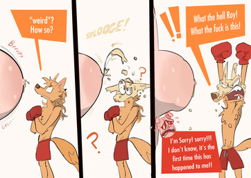 angry anthro big_nipples bodily_fluids boxing_gloves boxing_trunks clothed clothing dialogue duo exclamation_point eyewear fur handwear lactating male male/male male_lactation milk milk_on_face nipples onomatopoeia pink_body pink_nipples profanity projectile_lactation question_mark red_boxing_gloves red_clothing red_handwear sharp_teeth sound_effects speech_box sunglasses teeth text topless topless_anthro topless_male underbite wearing_sunglasses yelling yellow_body yellow_fur dudenahuel nahuel_(dudenahuel) roy_(dudenahuel) canid canine domestic_pig mammal maned_wolf suid suine sus_(pig) yorkshire_pig 2023 absurd_res colored_sketch comic english_text hi_res multiple_scenes sketch