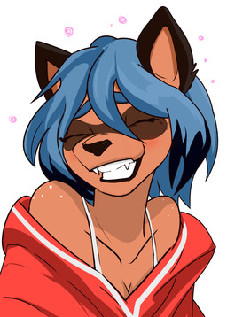 anthro bare_shoulders black_lips blue_hair blush breasts brown_body brown_fur bubble cleavage clothed clothing drunk drunk_bubble eyes_closed facial_markings fangs female fur hair head_markings jacket lips markings mask_(marking) red_clothing simple_background smile solo substance_intoxication teeth topwear white_background jesterwing brand_new_animal studio_trigger michiru_kagemori canid canine mammal raccoon_dog tanuki 2020 absurd_res digital_media_(artwork) hi_res