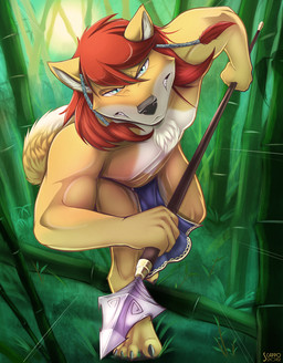 anthro attack bamboo bamboo_tree blue_eyes bottomwear braided_hair clothed clothing foreshortening fur hair loincloth looking_at_viewer male melee_weapon plant polearm red_hair running skimpy solo spear staff tail tree tribal warrior weapon conditional_dnp scappo wolf_nanaki canid canine canis mammal red_wolf wolf 2012 hi_res