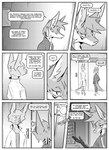 absurd_res anthro black_and_white canid canine clothed clothing coat comic dialogue domestic_cat duo ear_piercing elevator english_text felid feline felis fox gloves handwear hi_res inner_ear_fluff joseph(undying_void) kifyun2 lab_coat leather leather_clothing leather_gloves leather_handwear male mammal monochrome piercing scar simple_background speech_bubble standing tatsuo_kimura text topwear tuft