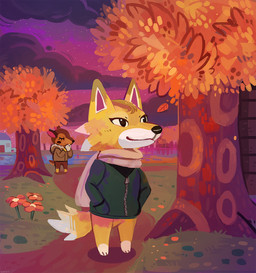 anthro autumn brown_body brown_clothing brown_hair brown_jacket brown_topwear building clothing cloud detailed_background duo eyes_closed female flower grass hair house jacket lake leaf male orange_body outside plant scarf smile tail topwear tree twilight water xishka animal_crossing nintendo chief_(animal_crossing) fauna_(animal_crossing) canid canine canis deer mammal wolf 2018 digital_media_(artwork) hi_res