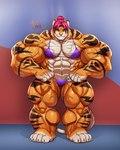 abs anthro biceps big_muscles bikini clothing confident female forearms hair huge_muscles hyper hyper_muscles markings muscular oily pecs pink_hair pose smile smiling_at_viewer solo stage standing stripes swimwear tattoo thick_limbs thick_thighs trapezius two-piece_swimsuit vein agonwolfe felid mammal pantherine tiger absurd_res hi_res