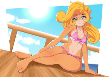 anthro bikini blonde_hair border breasts clothing day eyebrows eyelashes eyeshadow feet female fur green_eyes hair humanoid_feet long_hair looking_at_viewer makeup navel outside plantigrade solo summer sun swimwear tan_body tan_fur two-piece_swimsuit white_border firekeeper_8 activision crash_bandicoot_(series) coco_bandicoot bandicoot mammal marsupial 2021