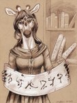 alternate_universe anthro book bookshelf clothing cowl female front_view furniture hair holding_object holding_scroll horn long_neck markings medieval medieval_clothing medieval_fantasy ossicone reading reading_scroll robe runes scholar scroll solo spots spotted_markings standing windfalcon gracey_halvenka giraffe giraffid mammal 2019 3:4 hi_res monochrome sepia traditional_media_(artwork)