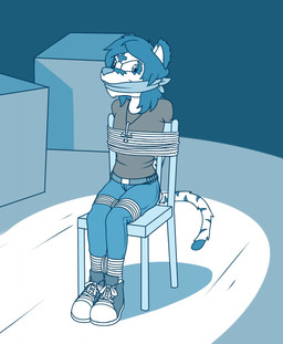 anthro bdsm bondage bound box chair container cross fur furniture gag jewelry male necklace restraints rope rope_bondage solo striped_body striped_fur stripes whistleristler felid mammal pantherine tiger hi_res monochrome
