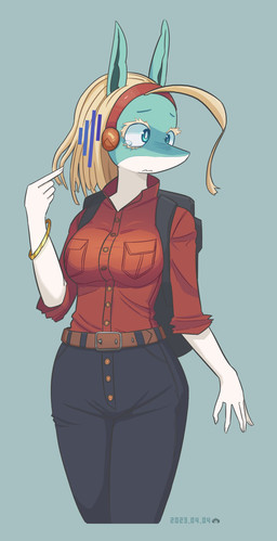 anthro backpack belt black_bottomwear black_clothing black_pants blonde_hair blue_eyes bodily_fluids bottomwear bracelet breasts clothing female hair head_accessory jewelry multicolored_body pants red_dress_shirt solo teal_body tears two_tone_body white_body uizwv my_hero_academia ippan_josei canid canine fox mammal quirked_human_(my_hero_academia) 2023 absurd_res digital_media_(artwork) hi_res