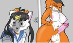 anthro balls big_breasts bodily_fluids breasts clothing duo female femboy genitals intersex intersex/male jewelry male necklace nipples penis penis_awe pubes pubes_exposed sailor_moon_(style) sailor_uniform school_uniform sweat uniform foxchen sailor_moon_(series) sailor_moon_redraw_challenge elalex fem_(foxchen) canid canine domestic_cat felid feline felis fox mammal meme