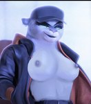 anthro areola breasts clothed clothing female hat headgear headwear jacket nipples open_clothing open_jacket open_topwear smile solo standing topwear daki_woo third-party_edit dreamworks the_bad_guys the_bad_guys_2 kitty_kat_(the_bad_guys) felid mammal pantherine snow_leopard