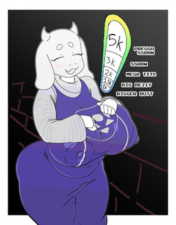 2_horns anthro areola_outline big_breasts border breasts clothed clothed_anthro clothed_female clothing eyelashes eyes_closed female front_view growth_drive hand_on_own_breast horn huge_breasts mature_anthro mature_female nipple_outline open_mouth open_smile overweight overweight_anthro overweight_female purple_clothing purple_robe robe smile solo text white_body white_border nerobero0 undertale_(series) toriel boss_monster_(undertale) bovid caprine mammal english_text hi_res