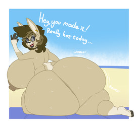 3_toes anthro beach big_breasts big_butt bodily_fluids breasts butt collar dialogue ear_piercing ear_ring eyewear feet female huge_breasts huge_butt hyper hyper_breasts hyper_butt nipples piercing ring_piercing solo sunglasses sweat tail text thick_thighs toes coatieyay lagomorph leporid mammal rabbit english_text hi_res busty_boy_(lore)