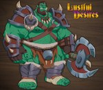 beard clothed clothing eyebrows facial_hair feet green_body green_skin hair holding_object holding_weapon male muscular muscular_humanoid muscular_male nipples not_furry solo teeth weapon zoroj lustful_desires groth_(lustful_desires) humanoid orc