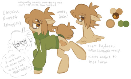 ambiguous_gender clothed clothed_feral clothing eyewear feral glasses green_clothing green_hoodie green_topwear hoodie smile solo text topwear wings clockstops3am conditional_dnp hasbro my_little_pony mythology chicken_nugget_(clockstops3am) fan_character equid equine horse mammal mythological_creature mythological_equine pegasus pony english_text hi_res model_sheet