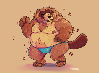 anthro belly big_belly brown_body brown_fur clothed clothing dancing eyes_closed fur male moobs musical_note musical_symbol navel nipples overweight overweight_male simple_background solo symbol tan_background topless topless_male underwear underwear_only aspenart beaver mammal rodent 2025