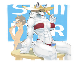 5_fingers abs anthro anthro_focus beverage_can big_breasts bikini biped black_ear_tips black_ears blep blue_eyes breasts brown_hair chest_tuft clothed clothed_anthro clothed_female clothed_humanoid clothed_male clothing crotch_tuft dipstick_ears duo ear_markings female female_anthro female_focus fingers food front_view fur furgonomic_hat furgonomic_headwear furgonomics furniture grey_nose hair hat headgear headwear holding_food holding_object holding_popsicle humanoid_hands inner_boob larger_female looking_at_another looking_at_viewer male male_humanoid mane mane_hair midriff monotone_body monotone_fur monotone_tail multicolored_ears muscular muscular_anthro muscular_female navel neck_tuft on_table popsicle red_bikini red_clothing red_swimwear short_hair sitting sitting_on_table size_difference smaller_humanoid smaller_male smile standing sun_hat swimming_trunks swimwear table tail tongue tongue_out tuft two-piece_swimsuit two_tone_ears visor_cap white_body white_ears white_fur white_hair white_inner_ear white_tail bunbury animal_humanoid canid canine canis deer deer_humanoid humanoid mammal mammal_humanoid wolf 2025 colored digital_media_(artwork) hi_res portrait shaded three-quarter_portrait
