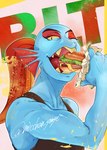 anthro blue_body blue_skin clothing ear_fins eating eyeliner female fin food hair makeup muscular muscular_female ponytail red_eyeliner sandwich_(food) sharp_teeth shirt solo split_form tank_top teeth text topwear yellow_eyes micchan_sense undertale_(series) undyne humanoid marine merfolk watermark