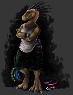 3_toes anthro barefoot black_quills bottomwear breasts cargo_shorts claws clothed clothing crossed_arms digitigrade fangs feet female finger_claws green_eyes looking_at_viewer non-mammal_breasts quill_hair quills_(anatomy) short short_tail shorts sleeveless_shirt smile solo standing tail tan_body tan_skin teeth toe_claws toes wire ashenwhiskers halo_(series) microsoft xbox_game_studios alien kig-yar ruuhtian scalie 2015 colored shaded