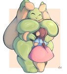 anthro big_breasts bottomwear breasts brown_hair clothing duo eyes_closed female female/female fusion green_body hair huge_breasts larger_female size_difference skirt smaller_female tail lightmizano nintendo pokemon generation_2_pokemon generation_3_pokemon generation_4_pokemon gulpin hybrid lopunny pichu pokemon_(species) hi_res