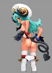 blue_hair blush bodily_fluids breasts butt butt_wings clothed clothing clothing_pull feathered_wings feathers female flat_chested genital_fluids genitals green_hair hair hat headgear headwear horn long_hair looking_at_viewer looking_back nipples not_furry panties panty_pull partially_clothed pussy red_eyes simple_background solo spade_tail tail topless underwear underwear_down underwear_pull unusual_wing_placement vaginal_fluids wings sasayuki shinrabanshou arcana_trust demon humanoid