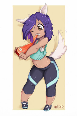 bottomwear brown_background brown_body brown_eyes brown_skin chibi clothed clothing eating eyebrows fangs female fluffy fluffy_tail food footwear hair inner_ear_fluff meat navel pants purple_hair shirt shoes simple_background sneakers solo tail tank_top teeth topwear tuft white_background krakenparty nova_(krakenparty) animal_humanoid canid canid_humanoid canine canine_humanoid humanoid mammal mammal_humanoid wolf_humanoid 2017 signature traditional_media_(artwork)