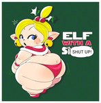 bell bell_earrings belly big_butt black_text blonde_hair blue_eyes blush blush_stickers border butt butt_cleavage christmas christmas_clothing clothing dialogue elf elf_on_the_shelf eyelashes female footwear green_background hair hat headgear headwear hi_res holidays holly_(plant) humanoid humanoid_pointy_ears jingle_bell light_body light_skin mammal mii mintrimo nintendo not_furry obese obese_female obese_humanoid overweight overweight_female overweight_humanoid panties plant rear_view red_clothing red_footwear red_panties red_shoes red_text red_underwear shoes short_stack simple_background solo speech_bubble text thick_thighs underwear white_border white_text