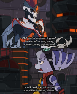 anthro city clothing dialogue duo ear_piercing eyewear eyewear_on_head female gloves goggles goggles_on_head handwear machine male mechanical_arm open_mouth piercing profanity raining scarf text tongue goodboytown ratchet_and_clank sony_corporation sony_interactive_entertainment emperor_nefarious rivet_(ratchet_and_clank) humanoid lombax mammal robot robot_humanoid absurd_res english_text hi_res