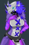 alternate_color anthro armor biped blue_eyes boob_armor breastplate breasts clothed clothing female grey_background hair headgear helmet horn looking_at_viewer markings non-mammal_breasts pose purple_body purple_hair purple_skin simple_background solo standing stripes danielssj bandai_namco digimon eira_wargreymon fan_character digimon_(species) reptile scalie wargreymon 2010