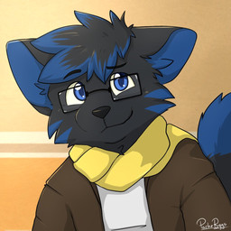 anthro black_body black_ears black_fur black_hair black_nose black_tail blue_body blue_eyes blue_fur blue_hair blue_inner_ear blue_inner_ear_fluff blue_tail brown_clothing brown_jacket brown_topwear closed_smile clothed clothing eyewear front_view fur glasses glistening glistening_eyes hair inner_ear_fluff jacket looking_at_viewer male mouth_closed multicolored_hair rectangular_glasses scarf short_hair simple_background smile solo tail topwear tuft two_tone_hair white_clothing white_topwear yellow_scarf pache_riggs domestic_cat felid feline felis mammal 1:1 bust_portrait icon portrait signature