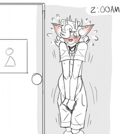 ambiguous_gender anthro bathroom bathroom_denial bladder_bulge blush blush_lines bodily_fluids clothing costume cross cross_necklace genital_fluids hand_on_crotch jewelry knock-kneed leaking_urine necklace omorashi overalls solo time urine paddle-boat angel_(paddle-boat) deer mammal digital_drawing_(artwork) digital_media_(artwork) english_description hi_res restricted_palette male_(lore)