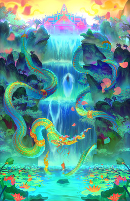amazing_background ambiguous_gender blue_eyes detailed_background duo feral flower forked_tongue green_body green_scales lotus_(flower) pagoda petals plant religion scales serpentine sharp_teeth teeth tongue tongue_out waterfall skeliana buddhism mythology dragon eastern_dragon human mammal mythological_creature mythological_scalie scalie absurd_res detailed hi_res