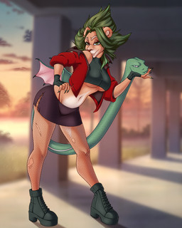 alternative_fashion anthro big_breasts big_butt boots bottomwear breasts brown_eyes butt clothing crotch_lines dragon_wings duo eyebrows eyelashes fangs female feral fingerless_gloves footwear g-string glistening_eyelids gloves green_hair gynomorph hair handwear intersex jacket khimaira legwear living_tail long_eyelashes long_nails male male/female miniskirt punk scales shoes skinny skirt small_top small_waist snake_tail stockings tail teeth thick_eyebrows thong_straps topwear torn_clothing torn_legwear torn_stockings under_boob underwear unusual_anatomy unusual_tail visible_underwear chrysanthemummy european_mythology greek_mythology jewish_mythology mythology samson aquatic aquatic_dragon chimera dragon felid hybrid leviathan lion mammal mythological_chimera mythological_creature mythological_marine mythological_scalie pantherine reptile scalie snake 4:5 hi_res