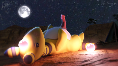 animal_genitalia blush bodily_fluids campfire camping canyon desert erection feral genital_fluids genitals glowing glowing_tail male moon night nude outside penis plant sky solo tail tent tree yellow_body smeargle20 nintendo pokemon ampharos generation_2_pokemon mammal pokemon_(species) 16:9 3d_(artwork) digital_media_(artwork) hi_res widescreen