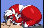 all_fours anthro balls bandage bandage_on_face bandage_on_nose big_butt black_claws black_nose blue_background butt cheek_tuft claws duo facial_tuft fellatio fur genitals hair half-closed_eyes huge_butt human_on_anthro interspecies male male/male mohawk narrowed_eyes oral penile red_body red_eyes red_fur sex simple_background small_tail tail thick_thighs tuft white_hair dusk_thelycanroc nintendo pokemon dusk_(dusk_thelycanroc) generation_7_pokemon human lycanroc mammal pokemon_(species) 2025 english_description hi_res