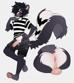 anthro anus big_tail black_hair blue_eyes bottomwear butt clothing ear_piercing ear_ring eyewear feet femboy fluffy fluffy_tail foreskin genitals glasses hair humanoid_genitalia humanoid_penis inner_ear_fluff male partially_clothed_male pattern_clothing pattern_shirt pattern_topwear pawpads penis piercing presenting presenting_hindquarters ring_piercing round_glasses shirt shorts solo striped_clothing striped_shirt striped_topwear stripes tail topwear tuft wearing_glasses lezified mammal mephitid skunk hi_res
