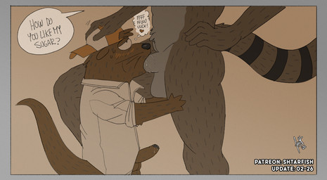 anthro athletic athletic_anthro athletic_male backwards_baseball_cap backwards_hat balls baseball_cap big_penis blush blush_lines bodily_fluids brown_body brown_fur clothing collared_shirt dialogue duo erection fellatio fur genital_fluids genitals hand_on_head hand_on_hip hand_on_leg hand_on_thigh hat head_tuft headgear headwear heart_symbol leaking_precum male male/male muscular muscular_anthro muscular_male nude oral penile penis precum raised_leg saliva saliva_on_penis sex shirt size_difference speech_bubble standing standing_sex text topwear tuft shtarfish cartoon_network regular_show don_(regular_show) doug_shablowski mammal mustelid otter procyonid raccoon 2026 english_text hi_res