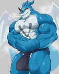 5_fingers abs anthro barazoku biceps big_biceps big_bulge big_muscles big_pecs blue_body blush bodily_fluids breath bulge clothed clothing fingers flexing grinning_at_viewer horn jockstrap jockstrap_only looking_at_viewer male markings mostly_nude multicolored_body muscular muscular_anthro muscular_arms muscular_male muscular_thighs pecs red_eyes scales sharp_teeth simple_background solo steam sweat tail teeth topless underwear underwear_only vein veiny_muscles wings kuroamekemo bandai_namco digimon mythology digimon_(species) dragon exveemon mythological_creature mythological_scalie scalie 2024 digital_drawing_(artwork) digital_media_(artwork) hi_res