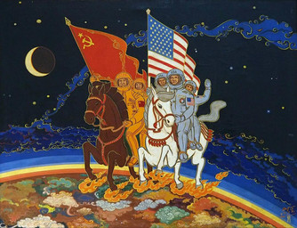 ambiguous_gender american_flag astronaut brown_body brown_fur cloud communism earth elemental_manipulation feral fire fire_manipulation flag flag_(object) fur gesture group hammer_and_sickle history holding_flag holding_object horseback_riding in_space male moon planet political_cartoon politics riding_horse russia russian sitting sitting_on_another sky smile soviet_cartoon soviet_flag soviet_union space spacesuit star starry_sky united_states_of_america waving waving_at_viewer white_body white_fur lubsan_dorzhiev cold_war equid equine horse human mammal 1976 20th_century ancient_art painting_(artwork)
