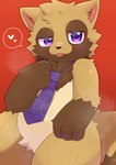 anthro black_nose blush blush_lines brown_body brown_fur countershading crotch_tuft featureless_crotch fur hand_on_chest hand_on_legs hand_on_thighs heart_symbol kemono looking_at_viewer male mostly_nude narrowed_eyes neck_tuft necktie necktie_only purple_eyes purple_necktie red_background simple_background solo steam tan_body tan_fur tongue tongue_out tuft white_body white_countershading iryu_km canid canine mammal raccoon_dog 2024 digital_media_(artwork) hi_res portrait three-quarter_portrait