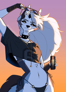 anthro bikini bikini_thong clothing collar crop_top ear_piercing eyebrow_piercing eyewear facial_piercing female fingerless_gloves fur gloves hair handwear jewelry monster_energy_can navel necklace piercing shirt small_waist solo spiked_collar spikes sunglasses sunset swimwear text topwear twitter_handle two-piece_swimsuit white_body white_fur white_hair wide_hips corpsemuttz grand_theft_auto grand_theft_auto_vi gta_vi_cover_girl hellaverse helluva_boss monster_energy mythology rockstar_games loona_(helluva_boss) canid canid_demon canine canis demon hellhound mammal mythological_canine mythological_creature wolf artist_name hi_res