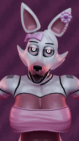 abs anthro big_breasts bra breasts cleavage clothed clothing ear_piercing ear_ring eyelashes female glistening glistening_body glowing glowing_eyes hair head_bow looking_at_viewer machine open_mouth pattern_background piercing pink_body pink_bra pink_clothing pink_underwear purple_background ring_piercing sharp_teeth short_hair simple_background solo striped_background teeth underwear white_body white_hair foxanalover rubikon_(modeler) five_nights_at_freddy's five_nights_at_freddy's_2 scottgames mangle_(fnaf) animatronic canid canine fox mammal robot robot_anthro 2024 3d_(artwork) 9:16 digital_media_(artwork) hi_res