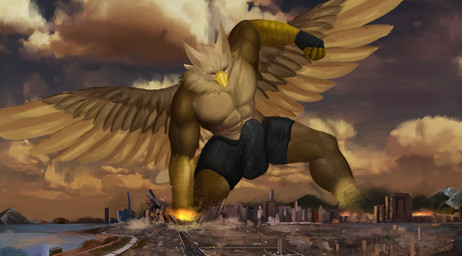 5_fingers abs anthro balls balls_outline beak biceps biped boxer_briefs brown_body brown_fur building building_destruction bulge city city_background city_destruction cityscape claws clothed clothing destruction detailed_bulge erection erection_under_briefs erection_under_clothing feathered_wings feathers feet finger_claws fingerless_gloves fingers fire fur genital_outline genitals gloves handwear macro macro_anthro macro_male male muscular muscular_anthro muscular_male outside paws pecs penile penis penis_outline rampage solo tail underwear wings solutionwcs mythology carpo avian gryphon mythological_avian mythological_creature hi_res