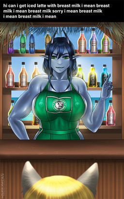 5_fingers alcohol anthro apron apron_only athletic athletic_anthro athletic_female bangs bar bar_counter barista beach beach_bar beverage biceps big_breasts black_horn blonde_hair blue_body blue_hair blue_mouth blue_scales blurred_character blurred_foreground bottle breasts clothed clothed_breasts clothing coffee container counter detailed_background dragon_horn duo eyebrows fangs female fingers front_view fur furniture gesture glistening glistening_body glistening_scales green_apron green_clothing green_eyes grey_body grey_fur hair hand_gesture horizon horn huge_breasts long_hair long_nails looking_at_another mostly_nude muscular muscular_anthro muscular_arms muscular_female nature nipples nipples_visible_through_clothing open_mouth open_smile outside pointing pointing_up pointy_ears pupils scales sea seaside shelf sky slit_pupils smile summer syrup teeth text thatch water eliana-asato i_mean_breast_milk mythology ena_(eliana) domestic_cat dragon felid feline felis mammal mythological_creature mythological_scalie scalie wingless_dragon digital_media_(artwork) english_text hi_res meme gynomorph_(lore)