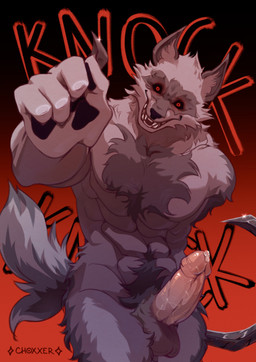 4_fingers abs anthro arm_tuft background_text balls black_sclera bodily_fluids body_hair cheek_tuft chest_tuft creepy creepy_face creepy_smile ears_up erection facial_markings facial_tuft fangs fingers fist fluffy fluffy_tail fur fuzzy genital_fluids genitals glistening glistening_weapon gradient_background grey_body grey_fur grin happy_trail head_markings head_tuft holding_object holding_weapon humanoid_genitalia humanoid_penis inner_ear_fluff knocking leg_tuft looking_at_viewer male markings mask_(marking) muscular muscular_anthro muscular_male navel neck_tuft nude pawpads penis pointy_ears precum prick_ears pubes raised_arm red_background red_eyes scary shoulder_tuft sickle simple_background smile solo standing tail teeth text tuft weapon choxxer dreamworks puss_in_boots_(franchise) death_(puss_in_boots) canid canine canis mammal wolf 2025 hi_res signature